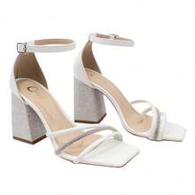 Women's Sandals, Block Heel, Rhinestone, Shiny, Straps, Billiards, Party, Wedding - White - View 7