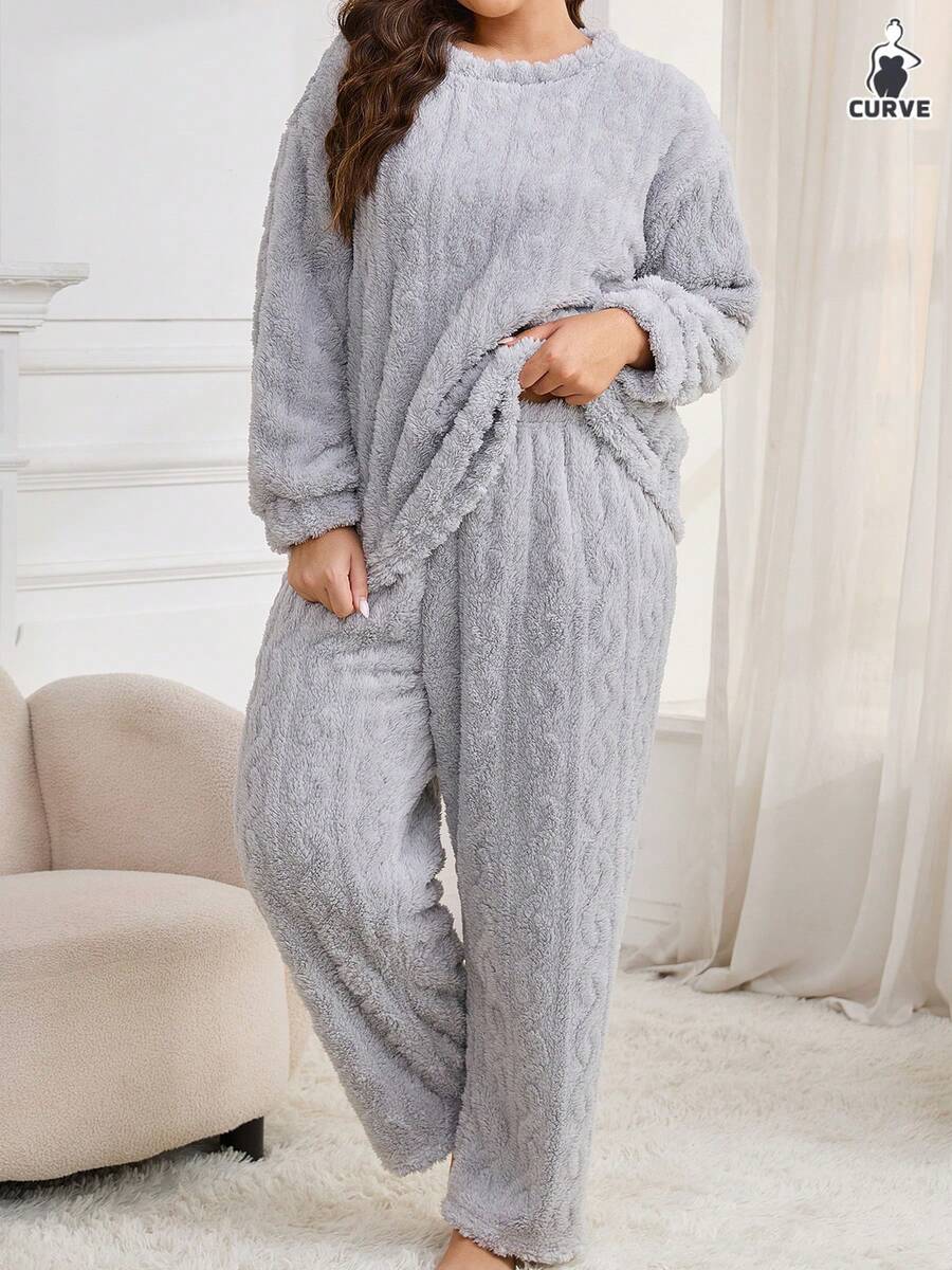 Plus Size Women Plush Jacquard Thermal Lined Warm Sleepwear Set, Autumn/Winter, Fall Clothes, Cozy Outfit, Fluffy Pajama - Grey - View 1