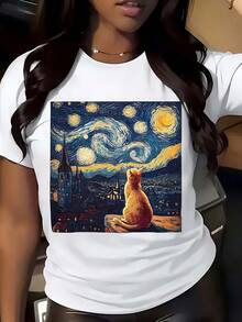 Van Gogh Starry Night Cat Art Print Women's T-Shirt - trắng - Xem 1
