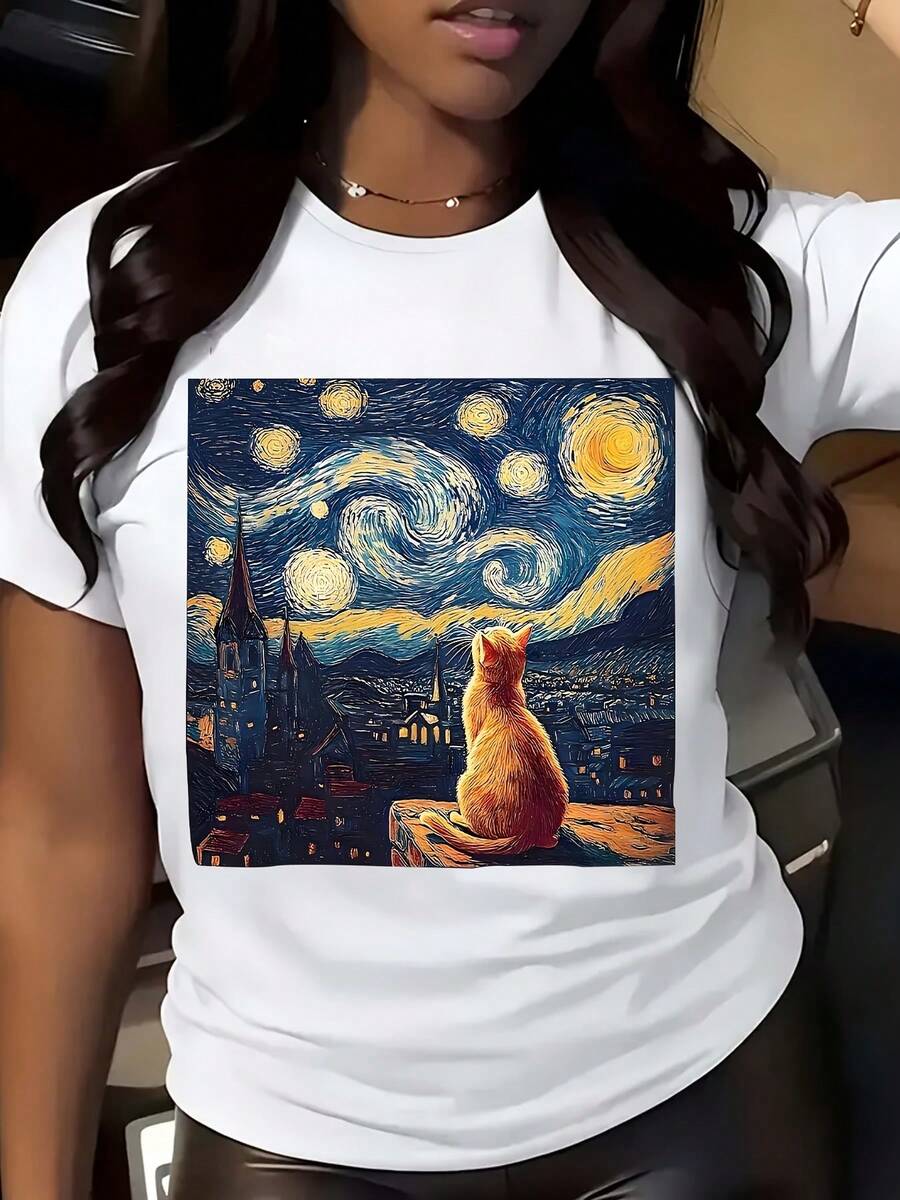 Van Gogh Starry Night Cat Art Print Women's T-Shirt - trắng - Xem 1