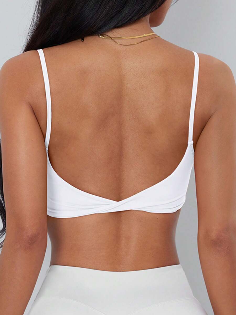 Women's Sports Bra, Twist Back Design, Fashionable Solid Color Sports Tank Top, With Removable Pads, Suitable For Yoga, Fitness And Running - White - View 1