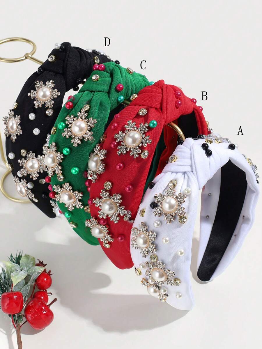 1pc Women's Fashion Wide Band Knotted Rhinestone Snowflake Faux Pearl Christmas Headband, Suitable For Daily And Christmas Wear - Multicolor - View 1