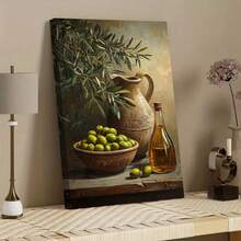 1pc, Rustic Still Life Canvas Wall Art Featuring Fresh Green Olives, Olive Tree Branches, A Vintage Ceramic Pitcher, And Oil Bottle. Ideal Mediterranean Farmhouse Style Picture Print For Kitchen, Dining Room, Or Pantry Wall Decor. - 彩色 - 查看 1