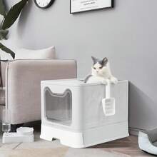 BingoPaw Caja para arena para gatos, bandeja sanitaria extra grande plegable con entrada superior y tapa, bandeja sanitaria con cubierta para gatitos, diseño de cajón fácil de limpiar con pala, color gris. - Gris - Ver 3