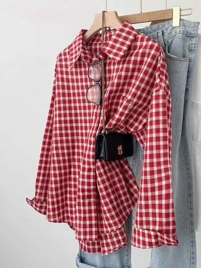 Camisa de mujer con botones y manga larga, chaqueta de leñador vintage a cuadros rojos, blusa casual de negocios con bolsillo