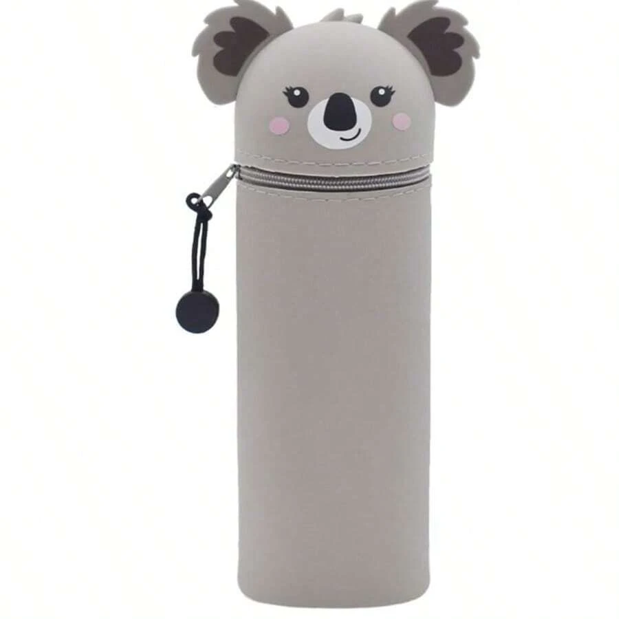2-In-1 Soft Silicone Bag Kawaii Pencil Case, Desk Pencil Holder, Zipper, Pencil Pouch For Colored Pencils And Markers, Office, University, Cute School Supplies, Animal Pencil Holder, Girls Kawaii Koala - 灰色 - 查看 1