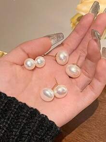 3 Pairs Retro Minimalist Elegant Faux Pearl Stud Earrings Set, Chic Lightweight Earrings Suitable For Women's Daily And Holiday Wear - Milky White - View 5