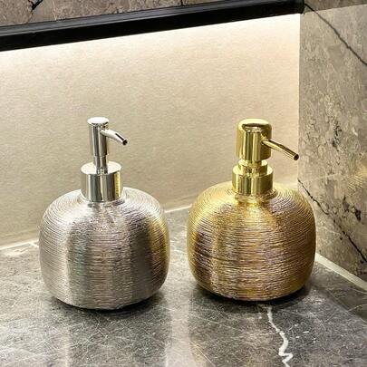 Luxury Brushed Electroplated Champagne Gold Ceramic Soap Dispenser, Hotel Apartment Bathroom Liquid Soap Bottle, Home Silver Color Pump Lotion Bottle, Shower Gel Bottle, Round Non-Slip Countertop Decor, High-End Liquid Pump Dispenser