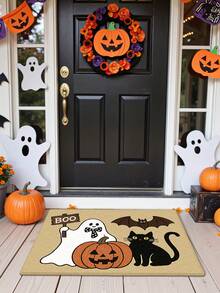 1pc Halloween Themed Doormat, Area Rug, Plush Fabric, Thickened, Cute Cartoon Ghost, Pumpkin, Bat, Cat, Funny, Comfortable Soft Casual, Machine Washable, Suitable For Kitchen, Bathroom, Dining Room, Hallway, Party, Gathering, New Year, All Seasons, Yard, Home, Room, Festival Decor