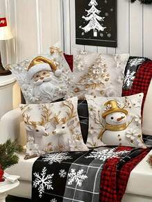 4 paquetes de fundas de cojín navideñas de 40x40cm/45x45cm/50x50cm - Diseño impreso de Papá Noel dorado, renos y muñeco de nieve, con cremallera y lavables a máquina, decoración de sofá para sala de estar, accesorios navideños para el hogar, patrones festivos, impresión de alta calidad, fundas de cojín decorativas, regalos festivos