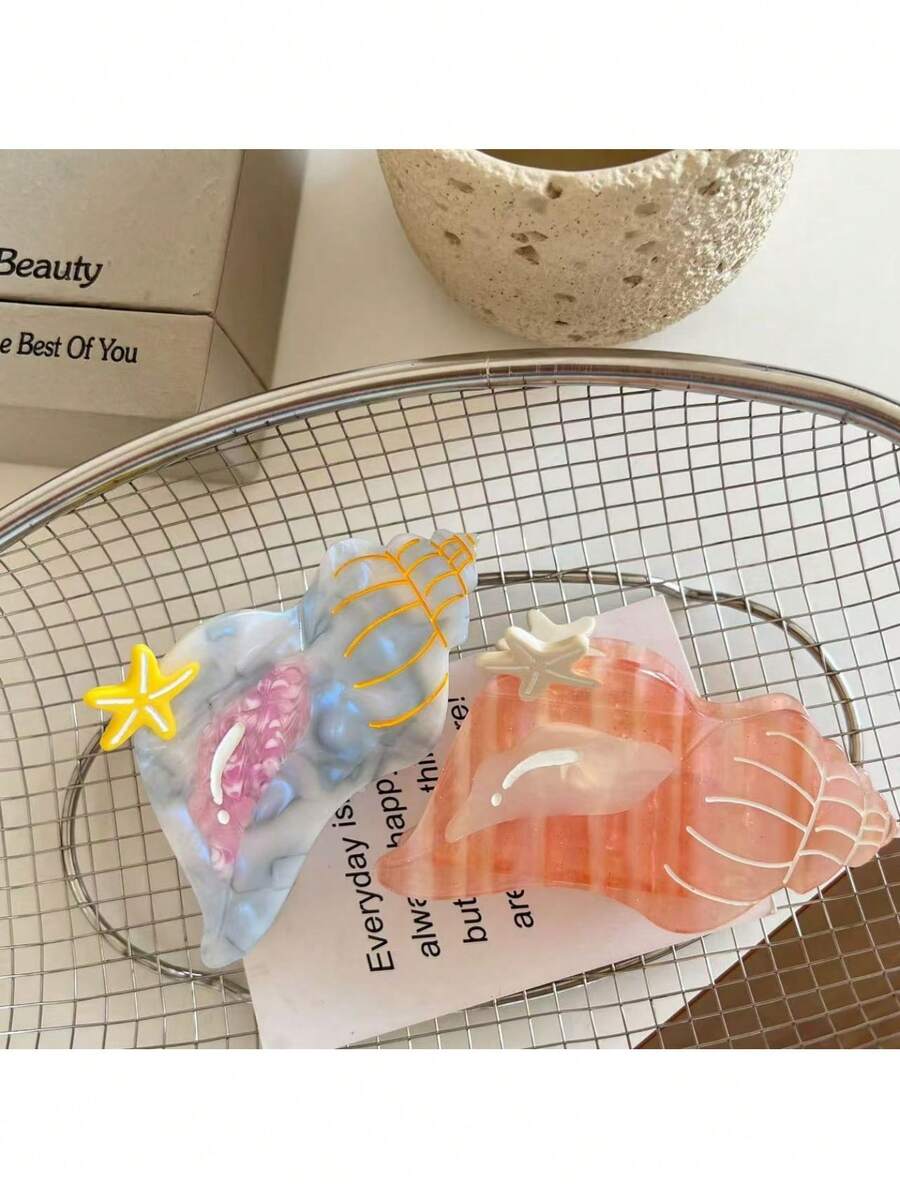 1个独特海螺造型时尚休闲优雅高端醋酸树脂发夹，可爱甜美女孩发饰，适合日常、居家、学校、海滩、度假、工作、派对、节日、生日礼物、返校季等多种场合，时尚发夹，女士发卡，优雅发爪 - 彩色 - 查看 1