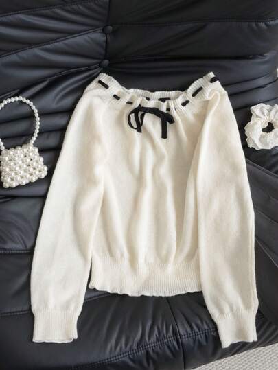 Women's Off-Shoulder Tie-Front Long Sleeve Sweater, Versatile Knit Top For Autumn/Winter, Sexy Chic Style, Color Block Drawstring Pullover, Suitable For Outings, Dates, Afternoon Tea