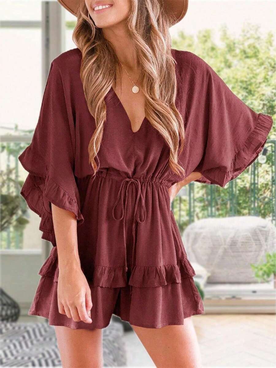 Saodimallsu Womens Ruffle Layered V Neck Beach Romper Drawstring Waisted Shorts Jumpsuit - Đậu đỏ xay nhuyễn - Xem 1