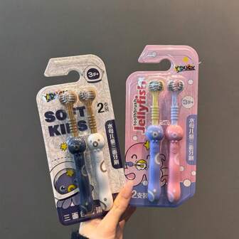 2 件装软毛幼儿牙刷，高效三面刷，儿童训练牙刷，清洁所有侧面