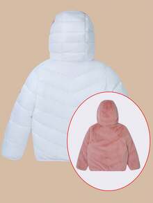 青少年女孩双面夹棉外套，厚实，两侧各有 2 个口袋，毛绒衬里，适合圣诞派对和冬季 - 白色 - 查看 5