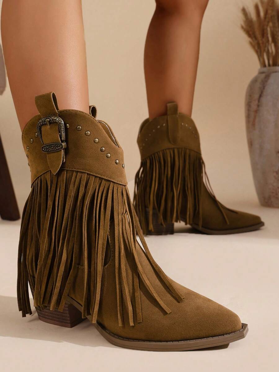 Western Style Boho Buckle Decor Fringe Rivet Wedge Slip-On Loafers, Versatile Western Ankle Boots, Solid Color Boots - Dark Brown - View 1