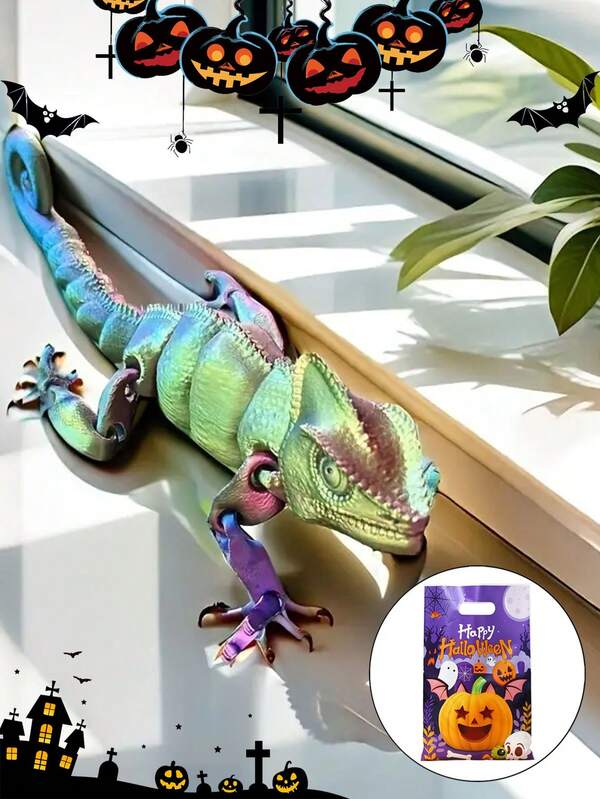 1PC Creative 3D Printed Jointed Realistic Chameleon Figurine With Gift Bag - Playful Desk Decor For Home Office, Car, And Room Decor, Desktop Decoration, Fidget Toy, Fidget, Anti Stress, 3d Printed Animals, Perfect Gift For Birthdays, Christmas, Halloween, Party Bag Filler