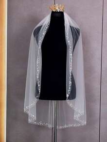 1pc Handmade Crystal Beaded Edge Bridal Veil With Hair Comb, Suitable For Wedding, Party, Photography, Cathedral/Fingertip Length, Heat Pressed To Reduce Creases - Straight White - View 11