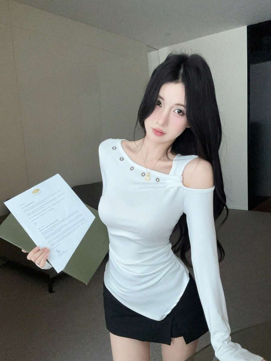 韩版设计不对称肩长袖T恤上衣，春季款