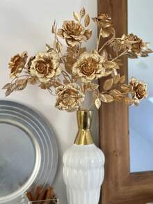 1/3 piezas Flor de rosa artificial de plástico chapado en oro de 60cm con múltiples ramas - Dorado - Ver 3
