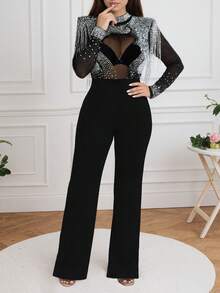 优雅性感女士长袖网纱连体裤，阔腿设计，撞色蕾丝细节，高弹半透明，适合派对穿着，烫金和链条设计，秋季、冬季、圣诞节、派对、晚宴、情人节等场合。 - 黑色 - 查看 2