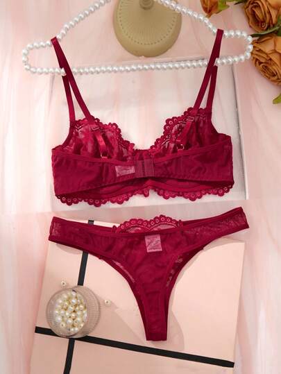 Rood Verleidelijke Set Steel Rim Kanten BH Underwear Two Pieces Flower Geborduurde Mesh Translucent Set, view 2