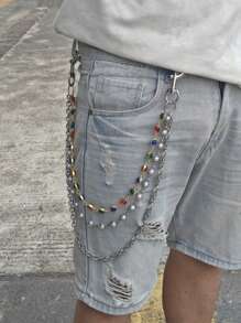 DIY Stainless Steel Multicolour Round Bead Agate Three Layer Pants Chain Men One's Waist Luxury Accessories Retro Keychain Hip Hop Jewelry Product Colors Randomly Send