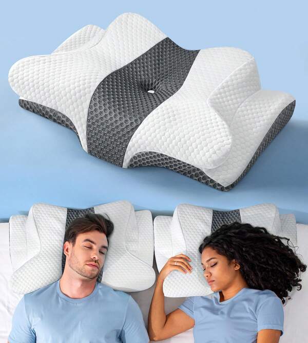 Cuscino in memory foam transfrontaliero per adulti, cuscino cervicale a forma di farfalla, cuscino per dormire in alto, cuscino in memory foam anti-collasso e a rimbalzo lento, cuscino a tre punti Daniu - cappotto bianco e grigio