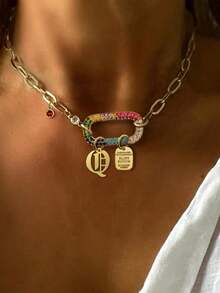 1 pieza Collar con letras A-Z 26 de STYLEVER en color dorado, cadena con colgante ovalado de diamante de colores y cuentas doradas, cadena de acero inoxidable, estilo único y elegante - Dorado - Ver 15