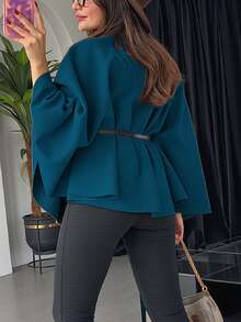 Áo khoác Poncho dáng rộng cổ đứng tay ngắn thanh lịch thời trang dành cho nữ kèm thắt lưng, mùa đông - Màu xanh ngọc - Xem 4