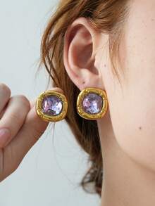 Frminee 1 Cặp bông tai đính đá Zirconia bằng thép không gỉ mạ vàng 18K cổ điển, Phụ kiện trang sức nữ, Trang sức phương Tây, Bông tai đính đá Zirconia khối trang trí, Hoàn hảo cho phụ nữ đeo như một phụ kiện hàng ngày hoặc quà tặng đám cưới - Màu tím - Xem 4