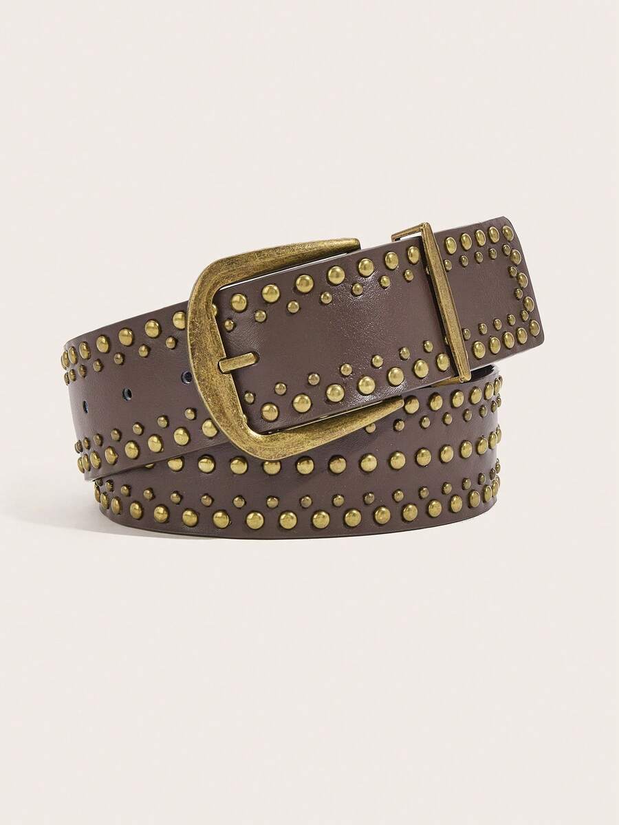 1 件女士纯色休闲复古宫廷风格派对性感街头优雅优雅 PU 皮革西式古铜扣绒面革宽腰带，适合所有季节 - 咖啡 - 查看 1