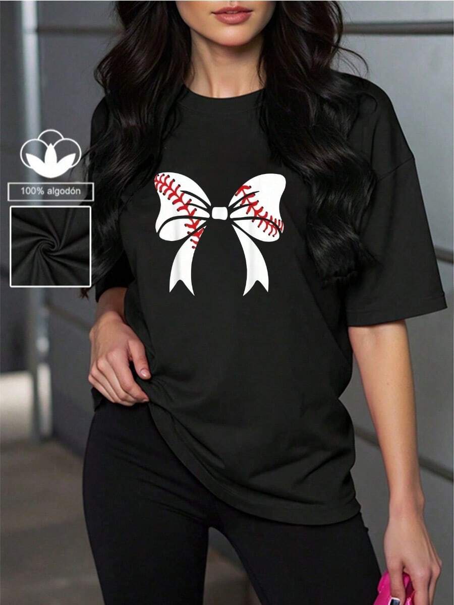 Camiseta casual negra para mujer, 100% algodón con estampado de lazo blanco, camiseta de manga corta con cuello redondo casual y cómoda, ropa de primavera y verano, adecuada para cualquier ocasión, color sólido, casual, uso diario. - Negro - Ver 1