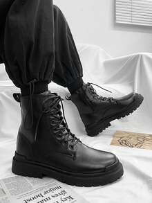 男士黑色休闲摩托车皮靴，系带设计，防滑，增高，适合秋季、青少年及年轻成人穿着，休闲百搭，四季皆宜 - 多色 - 查看 12