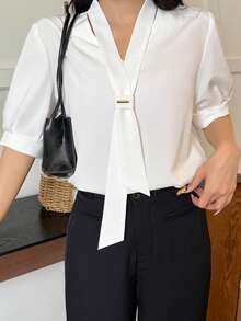 Women Solid Color Bow Tie Design Short Sleeve Casual Shirt - White - View 4