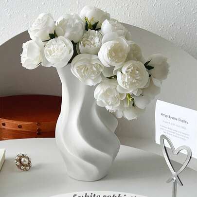 <Làn sóng tinh tế màu trắng>, 1 bình hoa gốm sáng tạo có bình chứa nước, đồ trang trí thẩm mỹ xoay, trang trí hoa khô trên bàn lối vào phòng khách cao cấp, trang trí khách sạn, trang trí nhà cửa