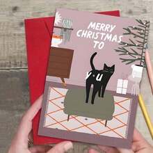 1PC Gato Caprichoso - Cartão de Natal Temático Um cartão de Natal divertido e de desenho animado, perfeito como um pequeno presente de Natal ou para espalhar humor natalino, ideal para amantes de gatos, amigos e familiares.