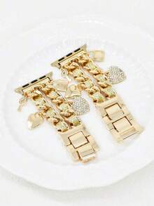 1pc Fashionable Metal Glitter Leather Strap With Double Heart Lock Clasp, Compatible With Apple Watch 38/40/41/42/44/45/46/49mm, Suitable For Apple Watch Ultra/SE/Series 10/9/8/7/6/5/4/3/2/1, Adjustable Length, Convenient Operation, Suitable For Women's Fashionable And Compact Smart Watch Strap (Strap Only, Watch And Case Not Included) - Double Heart Lock Cylinder Gold - View 2