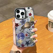 Planet & Star Pattern Phone Case, Personalized Protective Cover Compatible With Iphone 16 Pro Max, 15, 14 Plus, 13, 12, 11 - Black Frame Silver Gray - View 2