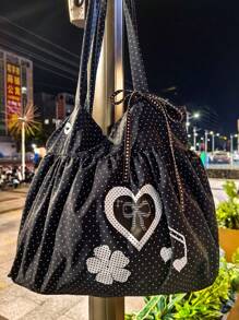 Borsa a tracolla in stile coreano in tela a pois, borsa da pendolare pieghevole di grande capacità per studenti universitari, borsa a spalla con design a nuvola con fiocco a balze