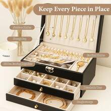 3-Layer Lockable Jewelry Box With Key – Large Leather Organizer Case For Rings, Earrings, Necklaces, Bracelets, Watches & Lipsticks – Elegant Gift For Women - Black - View 3