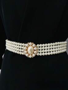1 件女士优雅珍珠和水晶串珠弹性腰链，百搭装饰，适合连衣裙、衬衫、正式服装秋季、秋季、万圣节 - 白色 - 查看 9