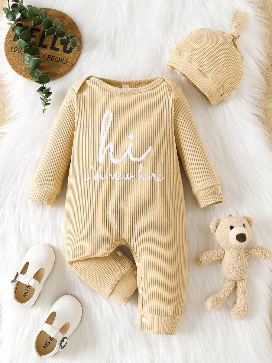 Infant Boys' Casual Minimalist Cute Letter Print Crew Neck Long Sleeve Hat Jumpsuit, Autumn/Winter - Apricot - View 1