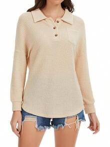 Womens Tops Waffle Knit V-Neck Long Sleeve T-Shirts Button Down With Pockets Tunic Fashion ClothingChristmas - 杏色 - 查看 2