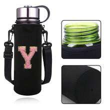 1 件 550-1500 毫升运动水壶套保温袋斜挎杯保护套带肩带可调节杯子托架水瓶架袋绣有字母 A-Z - 黑色 - 查看 43
