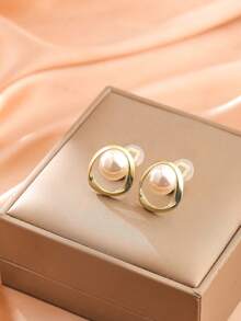 1 Pair Fashionable Faux Pearl Asymmetric Round Clip-On Earrings, Elegant Personalized Clip Earrings Suitable For Women Daily Wear, Holiday Gift - Ear Clip - View 3