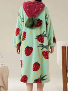 1件草莓图案连帽休闲睡袍，长袖保暖加厚纽扣家居浴袍，带口袋，女士睡衣家居服，秋冬季，蓬松舒适