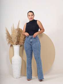 Women's Flare Jeans, Simple Casual Jeans, Pocket Zipper Button, Flare Pants, Office, Fall/Winter - 大理石紋 - 查看 3