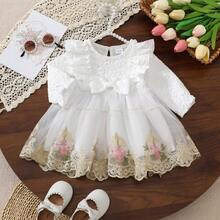 1pc Baby Girl Elegant White Jacquard Long Sleeve Dress With Bow Decor And Embroidery, Mesh Fabric, Suitable For Spring/Autumn - White - View 2