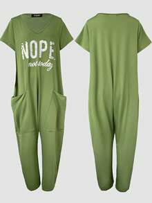 ChicMe NOPE NOT TODAY Graphic Jumpsuit Loose Fit Drop Crotch Overalls With Pocket Detail Casual Daily Street Style